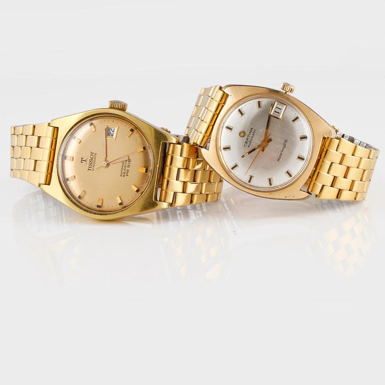 ARMBANDSUR, 2 st, Tissot samt Certina, förgyllt stål.