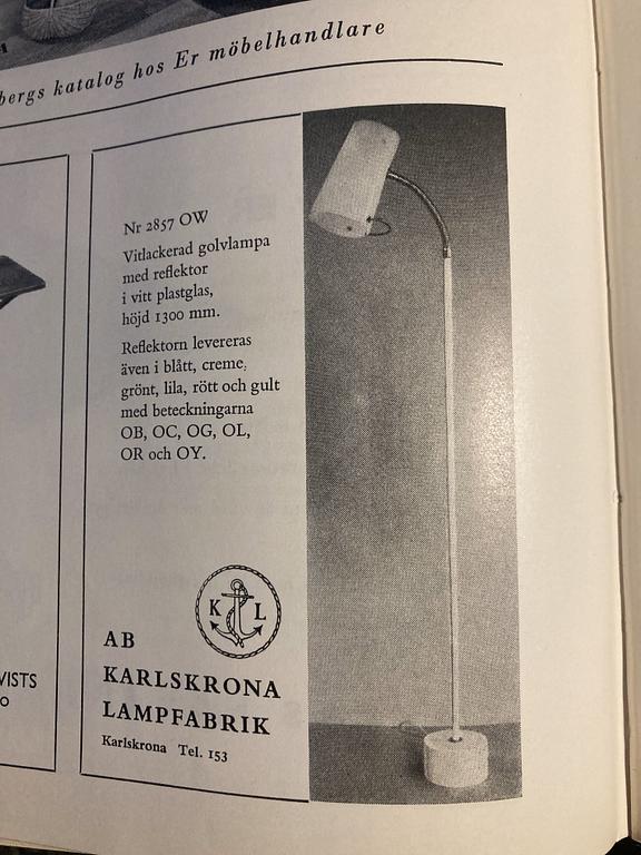 Karlskrona Lampfabrik, golvlampa, modell "2857 OW", 1950-tal.