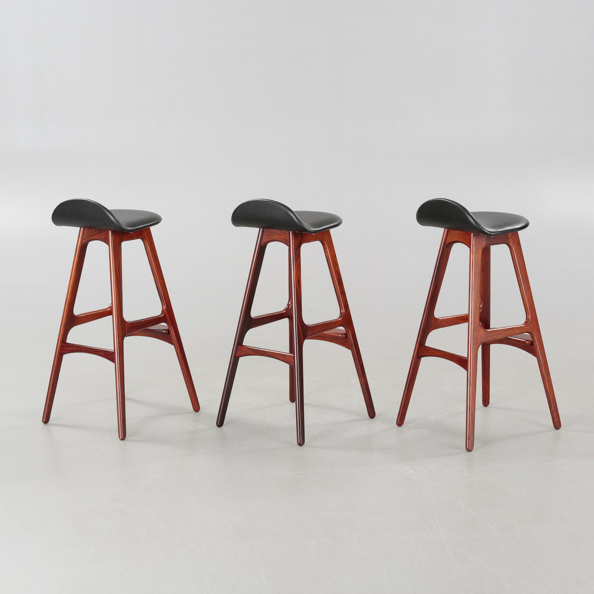 Three "OD61" bar chairs, designed approx 1964 by Erik Buck for Oddense Maskinsnedkeri A-S.