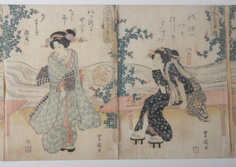 FÄRGTRÄSNITT, 5 blad. Toyokuni I-II(?). Japan, 1800-tal.