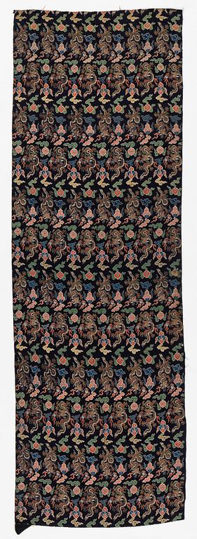 A set of three bolts of silk with 'five clawed dragons' against a midnight blue ground, Qing dynasty, 19th century.