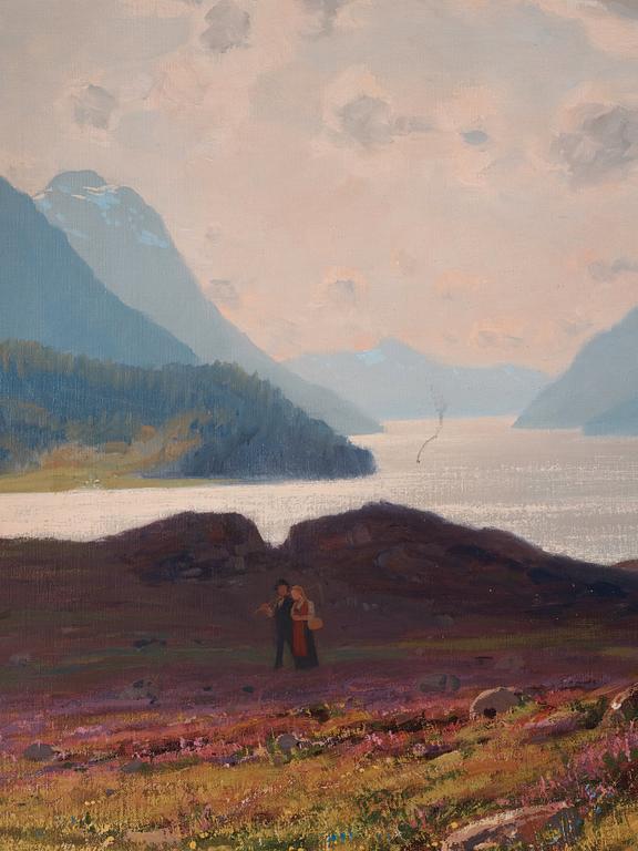 Hans Dahl, Woman in a fjord landscape.