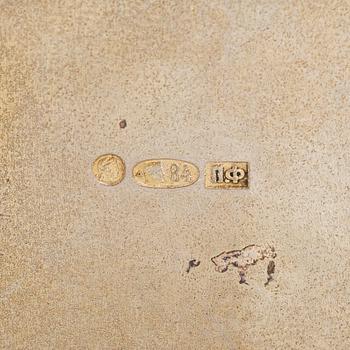 A pair of cloisonné enamel and gilt silver salt cellars, Cyrillic maker's mark F.P, Moscow 1908-26.