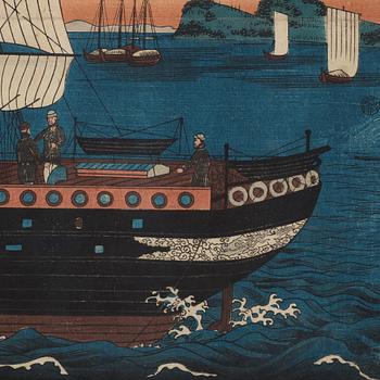 YOSHIKAZU (act.1850-1870), triptych, color woodblock print. Japan, 1861.