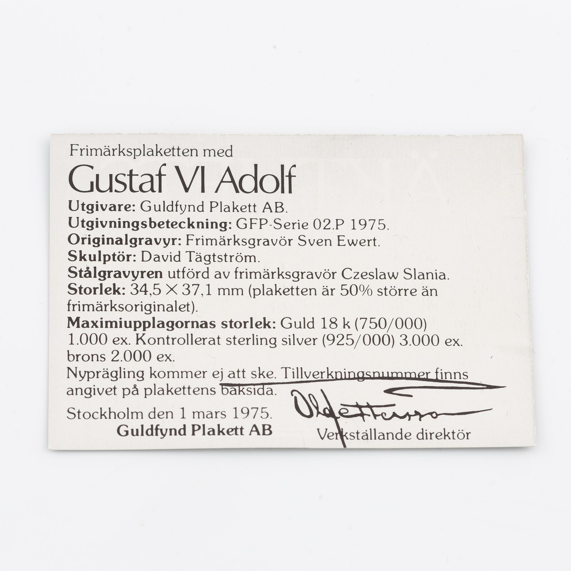 Plaque, 18K gold, numbered 372/1000, 1975, weight approx. 27 g.