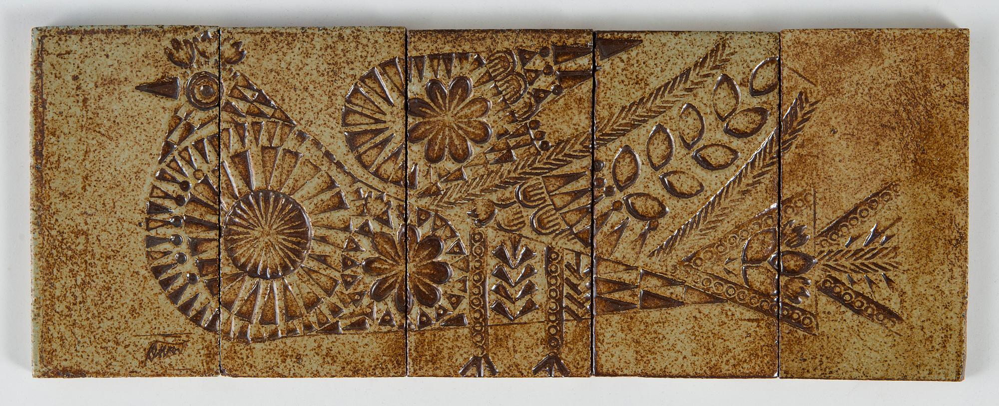 Roger Capron, a five-piece ceramic relief, signed.