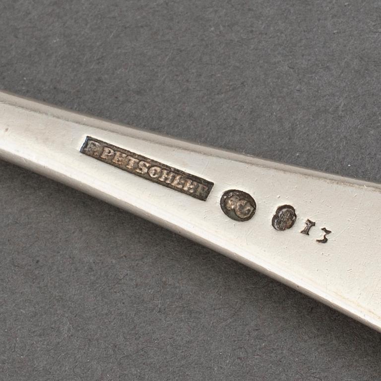 A SET OF SIX SILVER TABLE SPOONS, by Friedrich Petschler, Göteborg 1815.