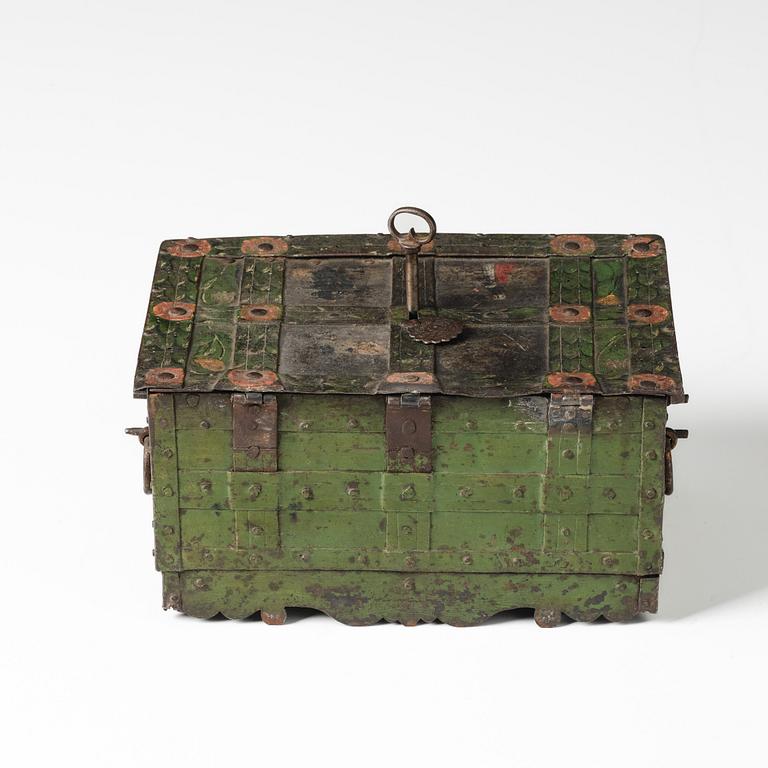 A Baroque South German engraved and polychrome-painted iron and steel strongbox, later part of the 17th century.