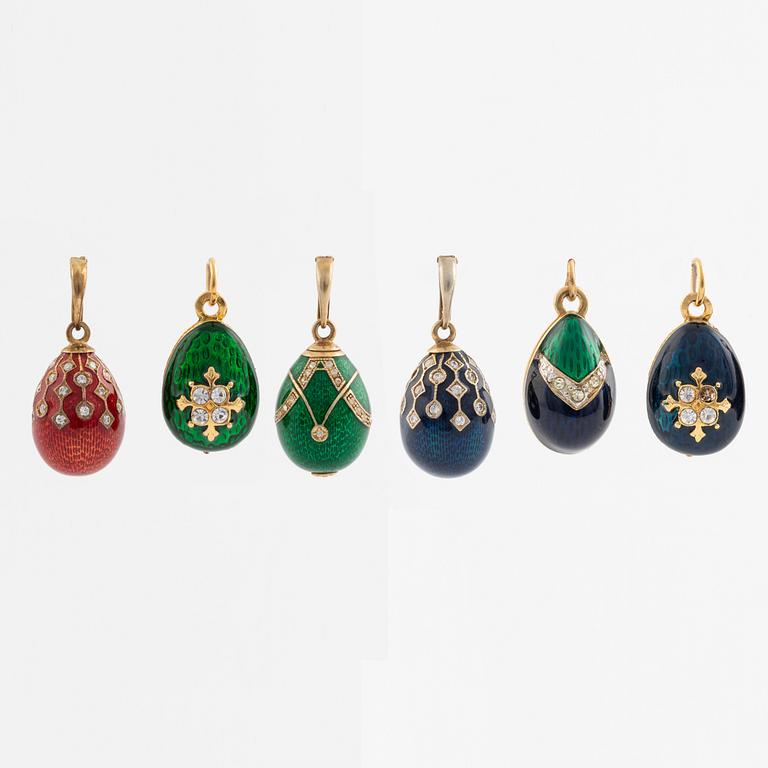 Seven pendants, gilded silver, enamel, cubic zirkonia, design Carl Fabergé by A Jewel Veronika, modern manufacture.