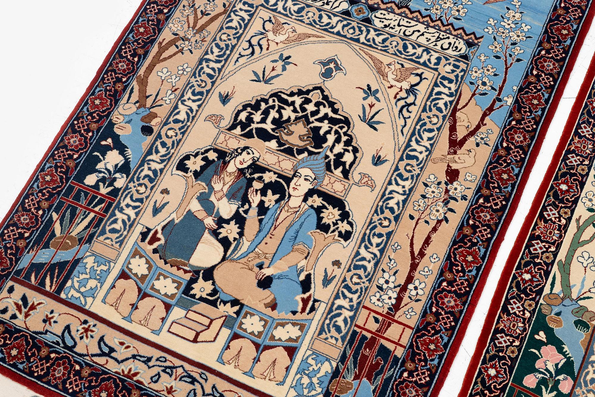 Mattor, ett par, figurala, Isfahan, centrala Persien, signerade (Mohammad) Seirafian, ca 120 x 77 resp 114 x 74 cm.