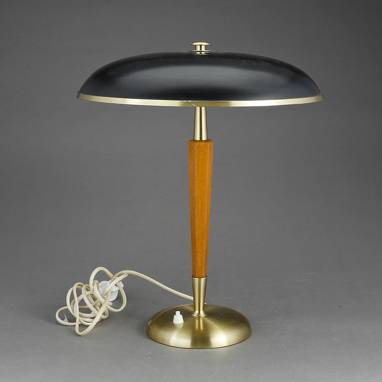 BORDSLAMPA, mässing, plåt och trä, 1940-tal.