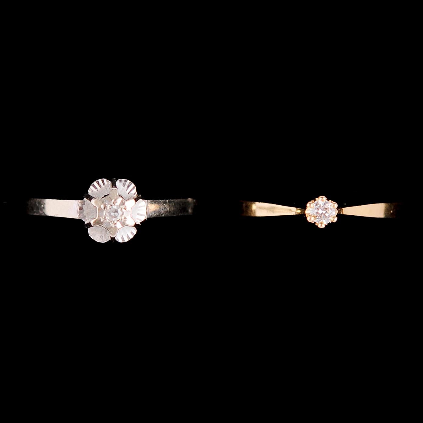 RINGAR, 2 st, 18 k, med briljanter. Tot vikt ca 4 g.