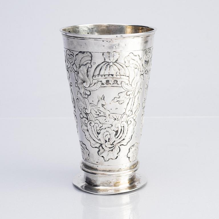 A silver beaker, assay master Ivan Shagin (active 1748-1757), unidentified maker's mark M.K, Moscow.