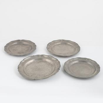 Four pewter plates, 18th-19th century.