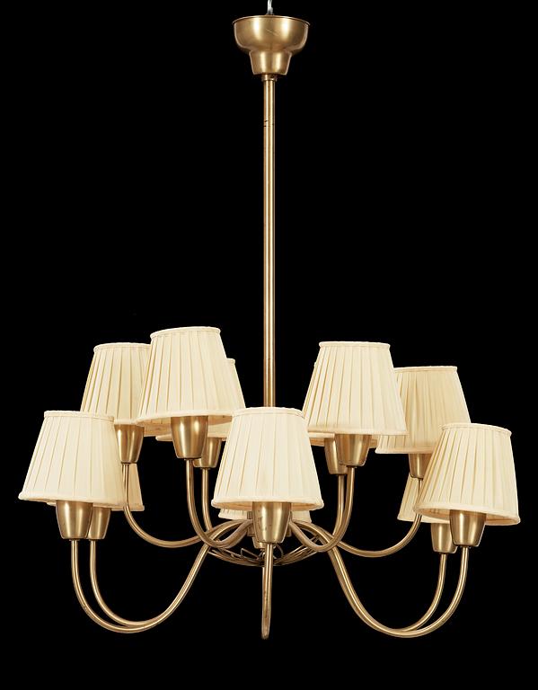 A Hans Bergström twelve light brass chandelier, Ateljé Lyktan, Helsingborg 1940's.