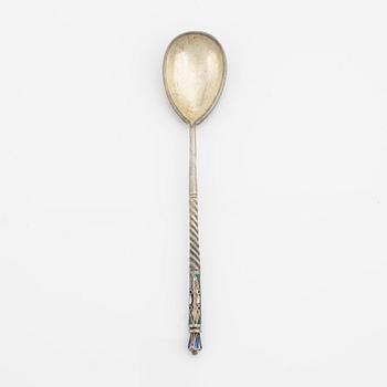 A Russian silver and enamel spoon, Moscow 1908-26.