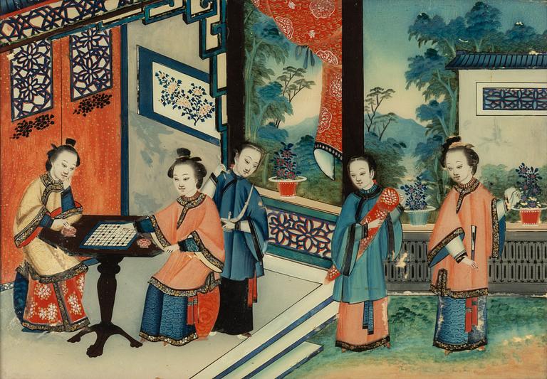 A Chinese reverse glass painting, Qing dynasty, 19th century.