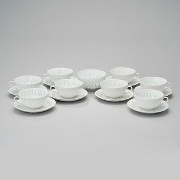 FRIEDL HOLZER-KJELLBERG, 8 TEA CUPS WITH SAUCERS, AND BOWL, rice grain porcelain, signed, Arabia.