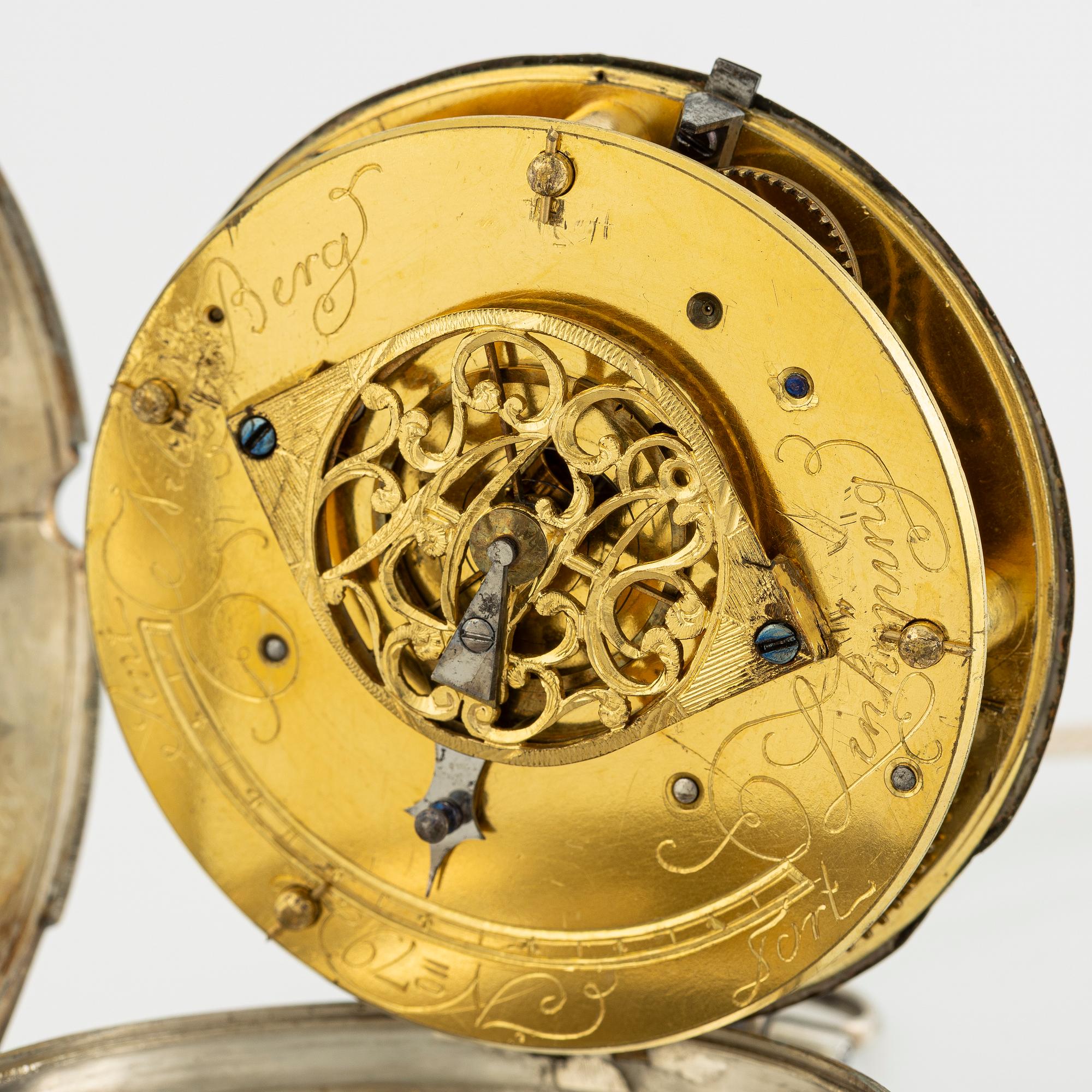 En samling fickur, spindelur, 3 st i silver.