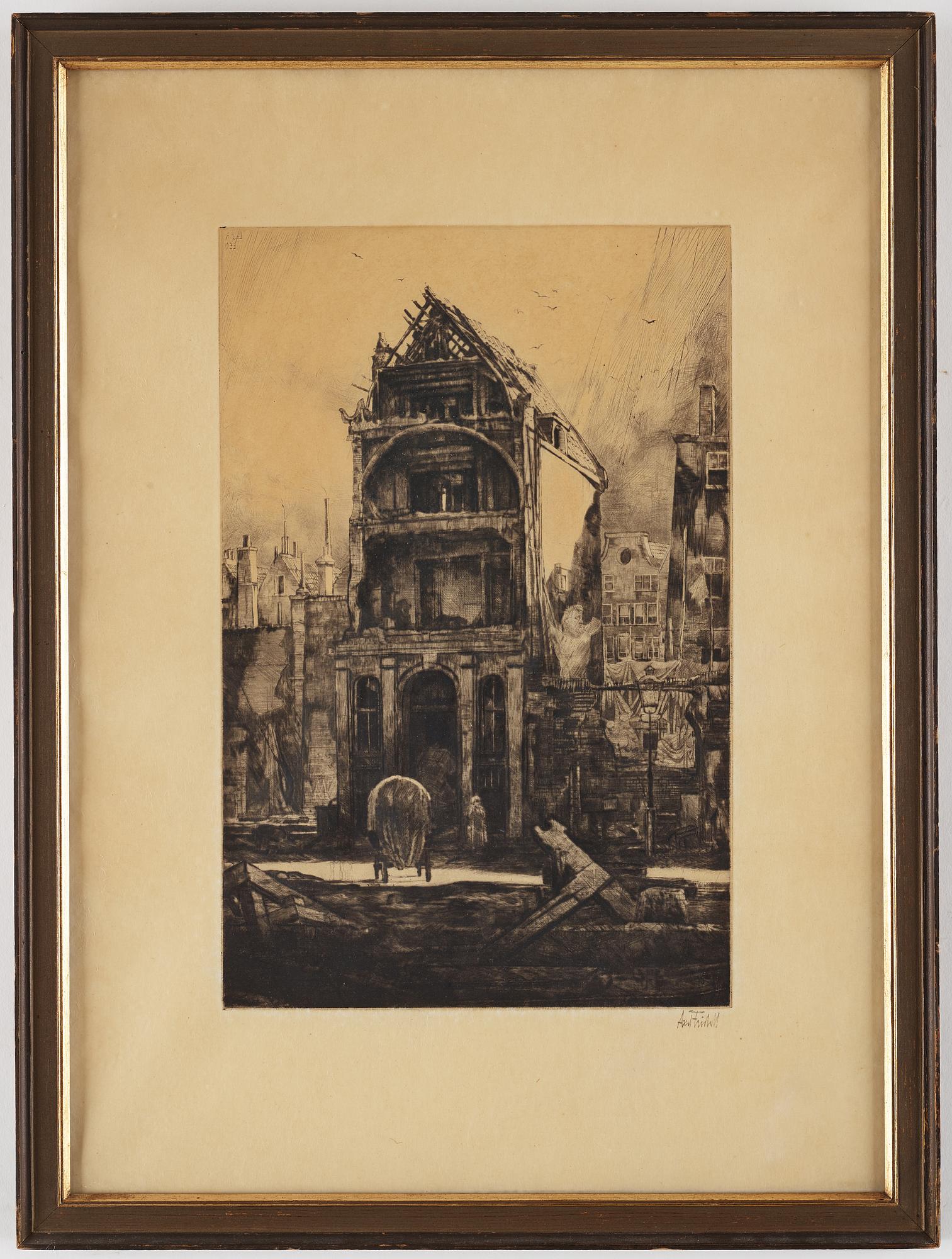 AXEL FRIDELL, drypoint, signed Axel Fridell in pencil and dated 1933 in the plate. "Gammalt hus i Amsterdam II". IV état.