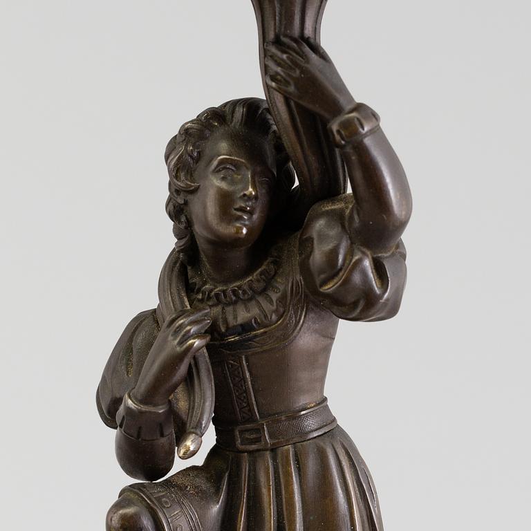 A pair of late 19th century patinated brass candelabra.