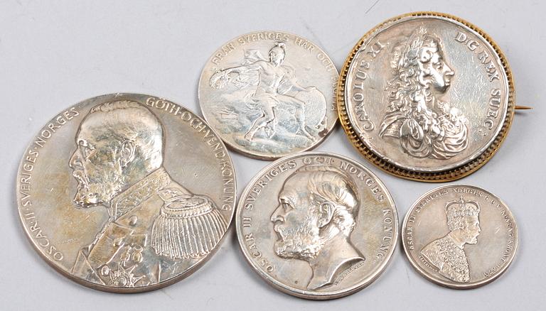 MINNESMEDALJER, 5 st, silver, 1800-tal till sekelskiftet 1900.