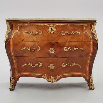 A rococo parquetry and ormolu-mounted commode attributed to L. Nordin (master 1743-1773).