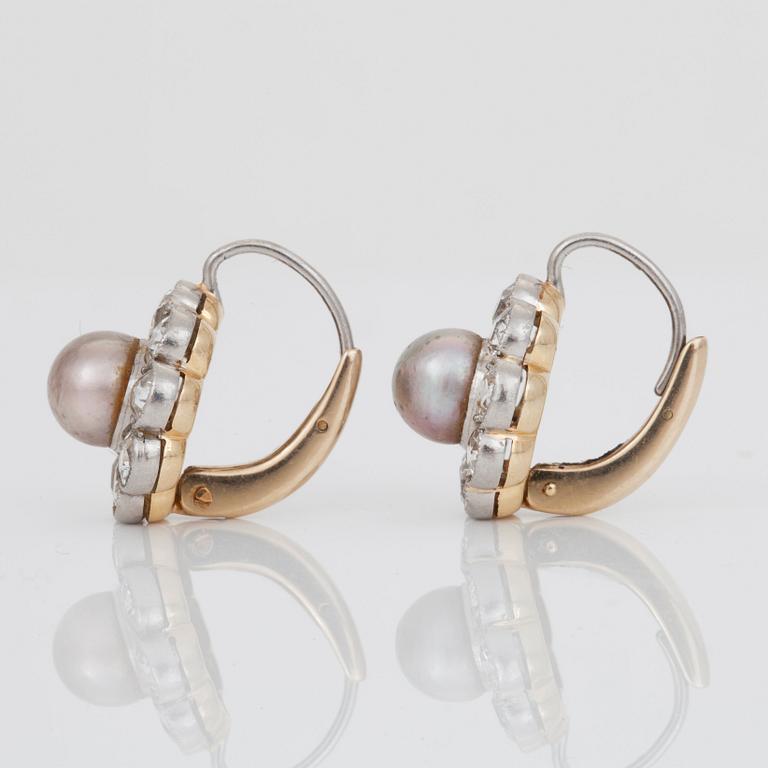 A pair of possibly natural pearl and diamond earrings. Pearls  6.2-6.4 mm. Total carat weight of diamonds circa 2.55cts.