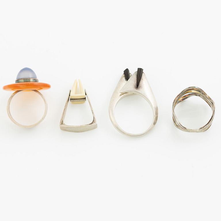 Four rings, silver and including carnelian, among others Cecilia Johansson, Gothenburg 1968.