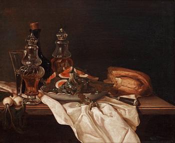 Pehr Hilleström Attributed to, Still life with glass bottles, eggs, bread and onions.