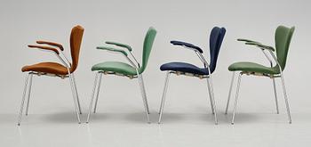 KARMSTOLAR, 4 st, "Sjuan", Arne Jacobsen, Fritz Hansen, 1900-talets andra hälft.
