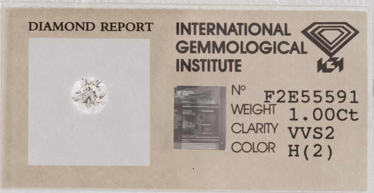 BRILJANTSLIPAD DIAMANT, 1.00 ct, oinfattad, certifikat daterat 1997.