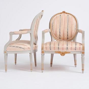 A pair of Gustavian carved armchairs, late 18th century.