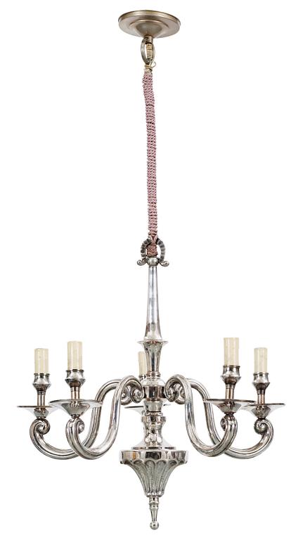 An Atelier Torndahl silver plated chandelier and a wall scone, Perstorp, Sweden 1920's-30's.