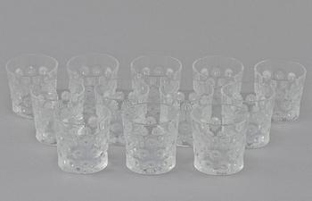 SELTERSGLAS, 12 st, Lalique, Frankrike, signerade, 1900-talets andra hälft.