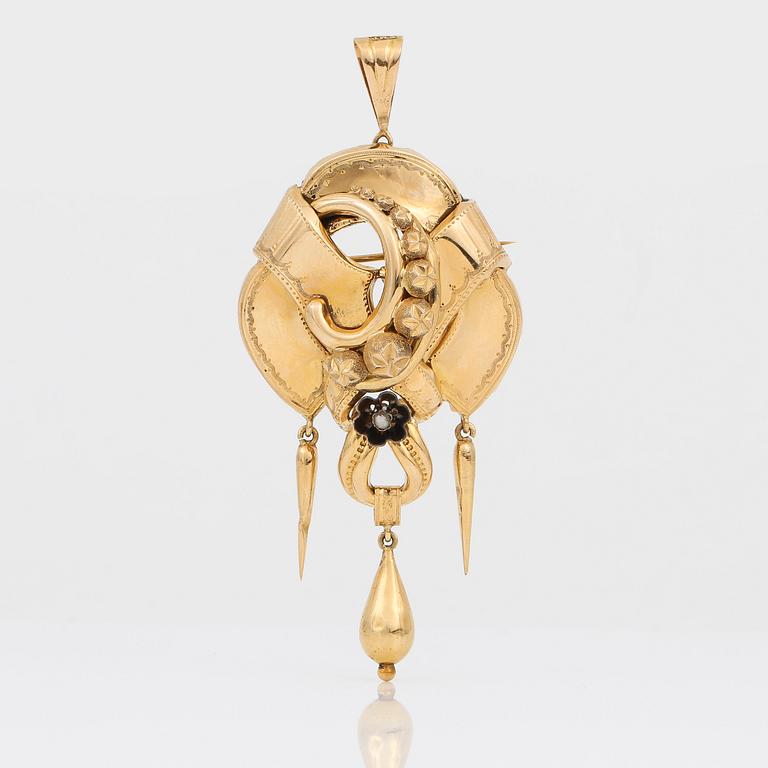 HÄNGE/BROSCH, 18K guld med en små söttvättenspärlor, troligen Guldvaru Dahlgren, Malmö, 1946-7.