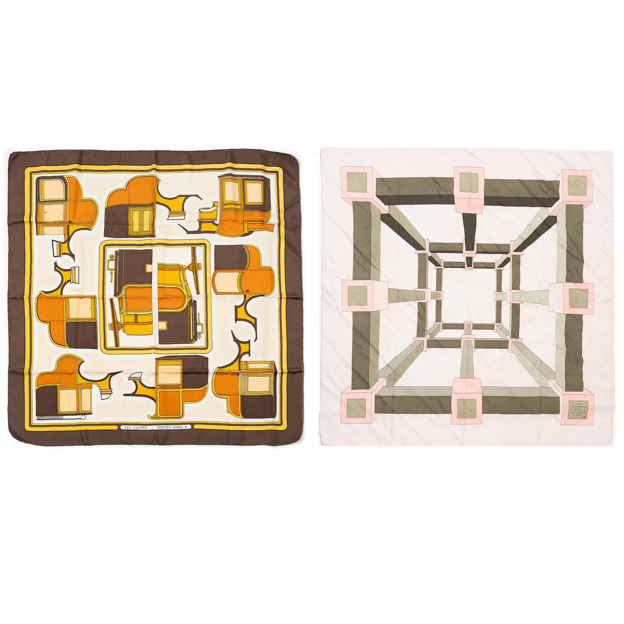 Hermès, two scarves "Les Coupés" and "Perspective".