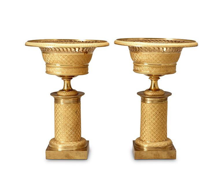 A pair of French Empire early 19th Century gilt bronze tazzas.
