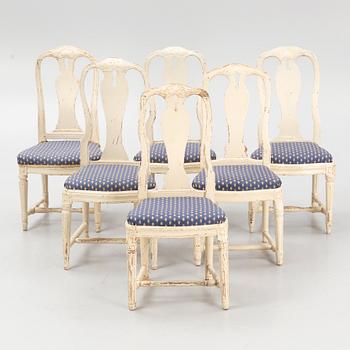 An assembled suite of 6 Transitional chairs, Stockholm, later part of the 18th century.