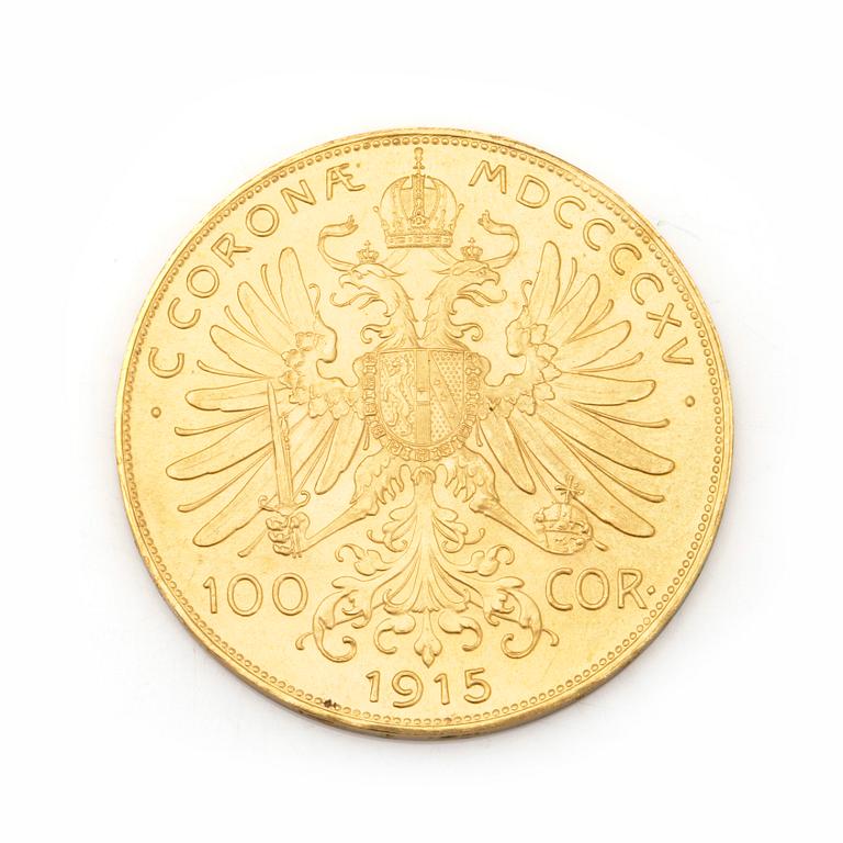 AUSTRIAN 100 CORONA GOLD COIN, 21,6 ct, 1915. Ca 34 grams.