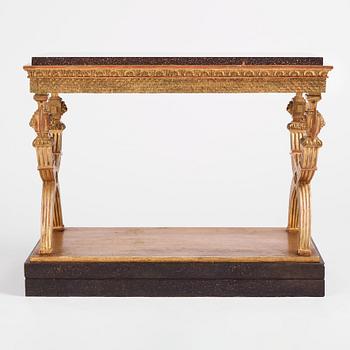 An Empire giltwood and 'Blyberg' porphyry console in the manner of J. Frisk, Stockholm early 19th century.