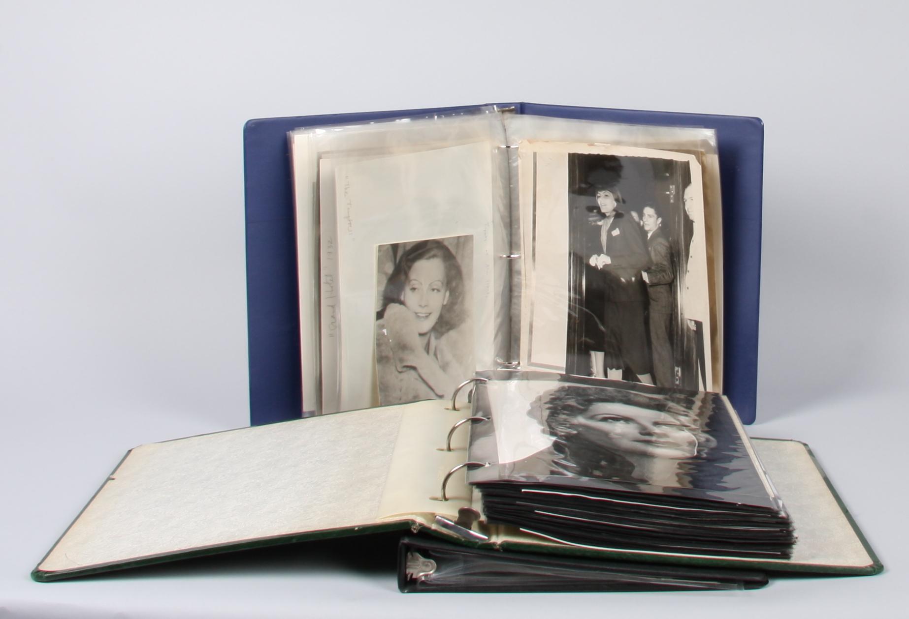 ALBUM MED FOTOGRAFIER, 3 st, Greta Garbo, sammanlagt ca 130 fotografier.