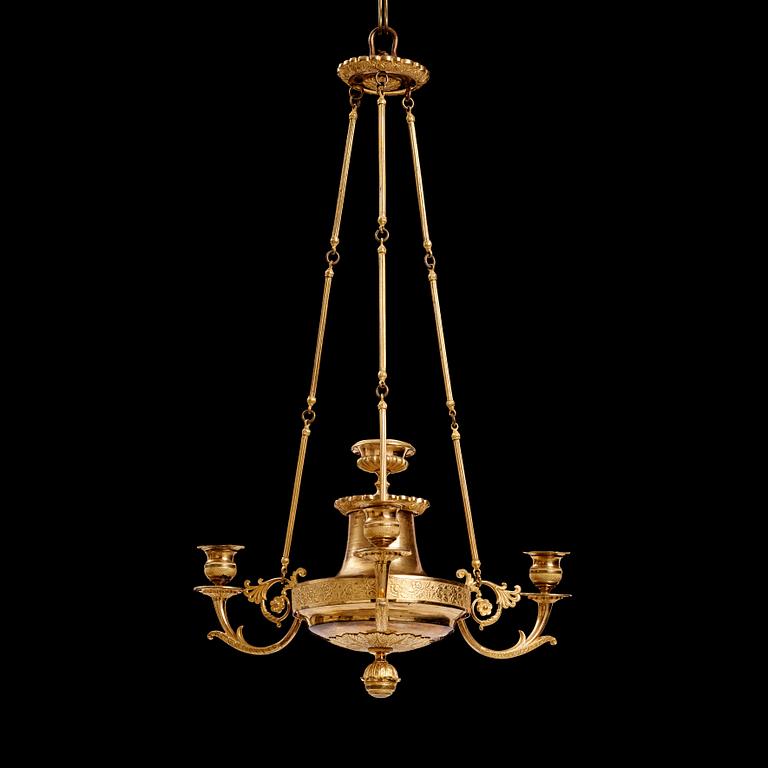 A Swedish Empire three-light hanging-lamp, first part of the 19th century.