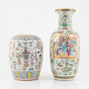 A famille rose porcelain vase, Kanton, and a porcelain urn, China, end of the 19th century.