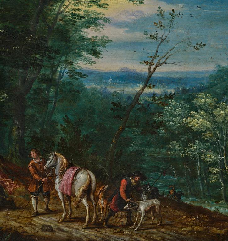 Paul Bril, attributed to, Expansive landscape with a hunting party.
