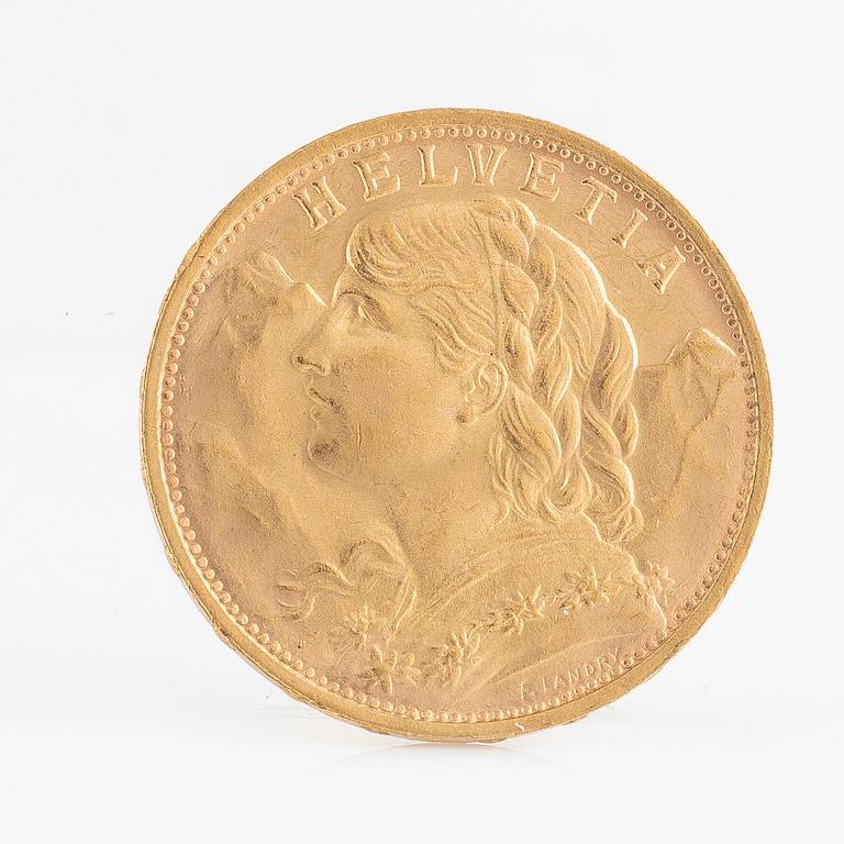 A Swiss gold coin, 20 Franc, 1935 LB.