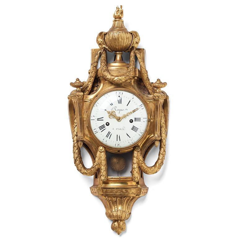 A Louis XVI gilt bronze wall clock by Jean Joseph Léonard Roque, active 1770-89.