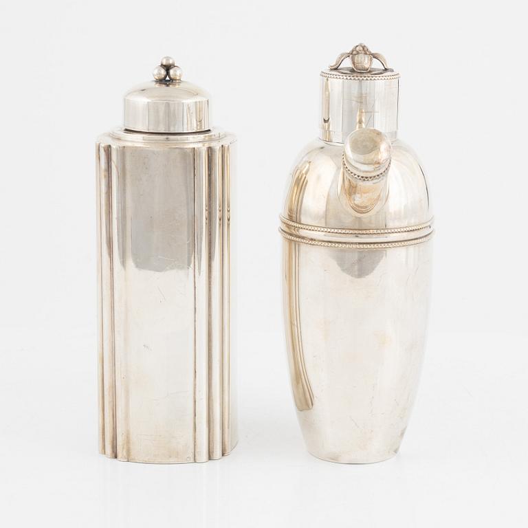 Two silver-plate cocktail shakers, including Tage Göthlin for Tesi, Sweden, 1940's/50's.