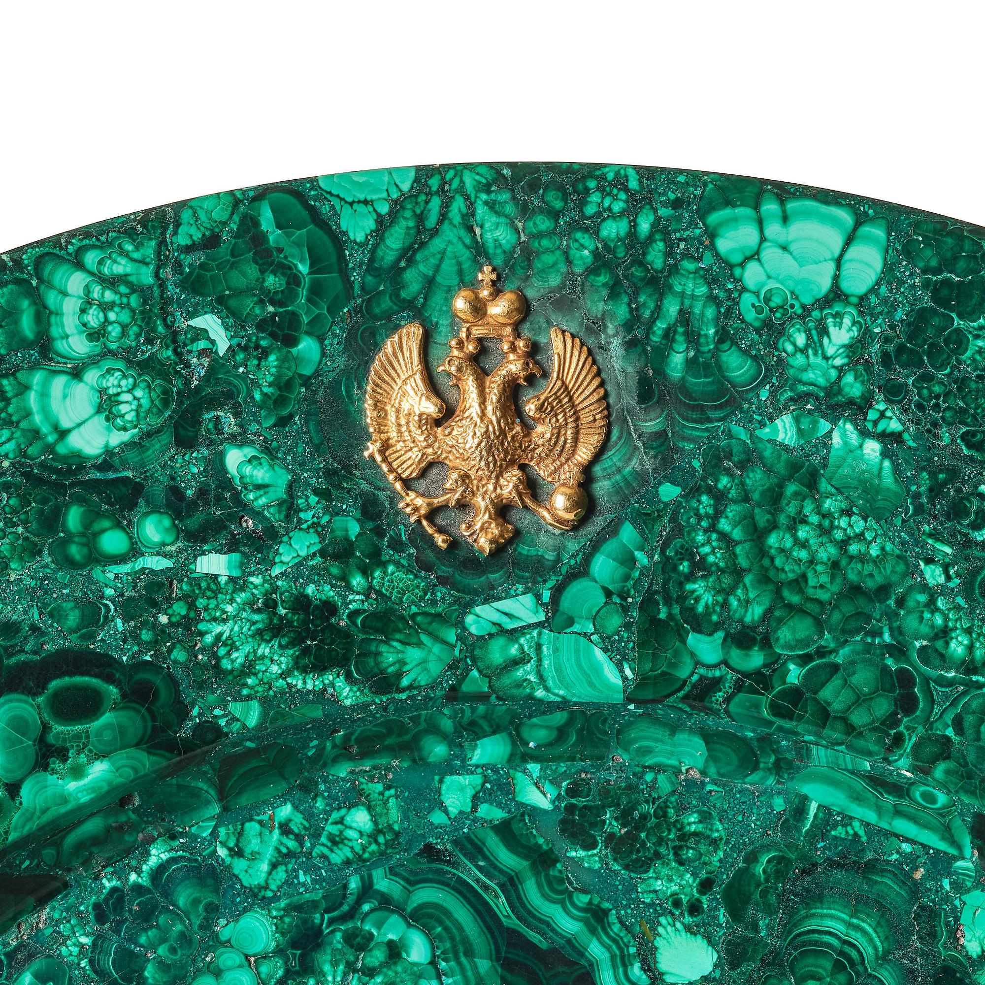 A pair of important Bolin 18K Gold and Gilt Silver Imperial presentation Malachite dishes, C.E. Bolin, St Petersburg, ca.