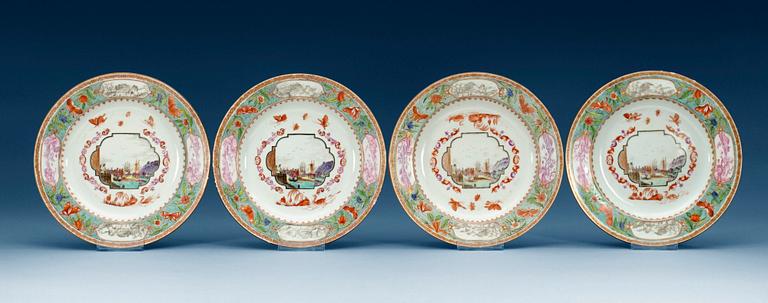 TALLRIKAR, fyra stycken, kompaniporslin. Qing dynastin, Qianlong (1736-95).